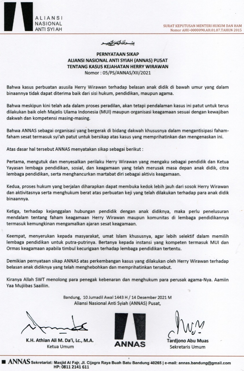 ANNAS Pusat Keluarkan Empat Poin Pernyataan Sikap Kasus Herry Wirawan